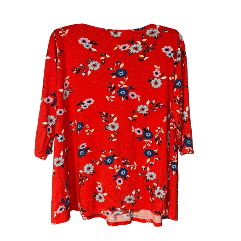 Woman‎ Within Red Floral Pleated Blouse Top Size 14/16 3/4 Sleeve Cottagecore - Picture 2 of 9